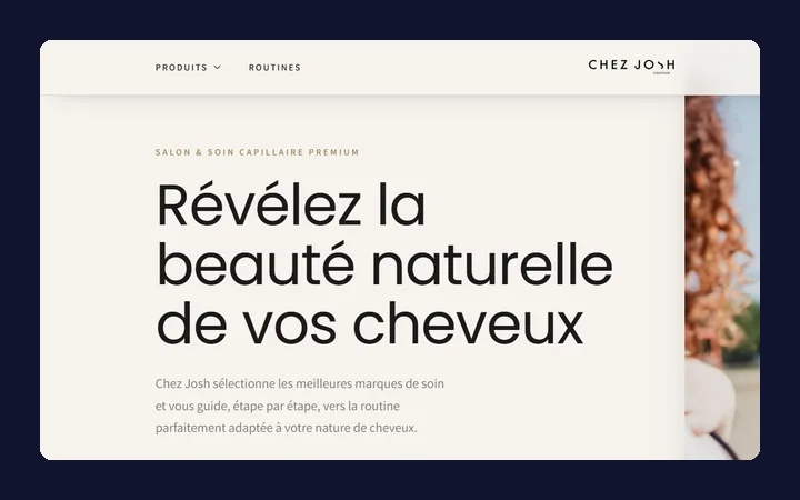 Page d’accueil du site créé pour boutique de soin capillaire à Le Mans (72)