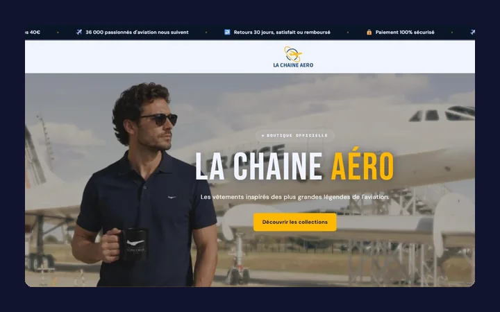 Page d’accueil du site créé pour boutique aviation à Puylaurens (81)