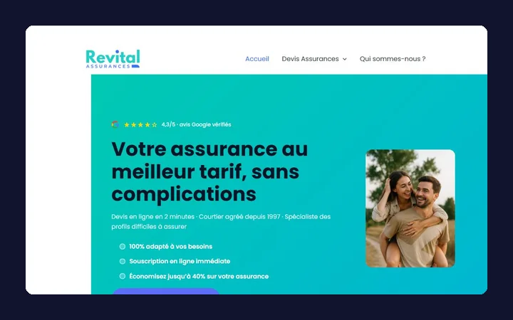 Page d’accueil du site créé pour courtier en assurances à Cagnes-sur-Mer (06)