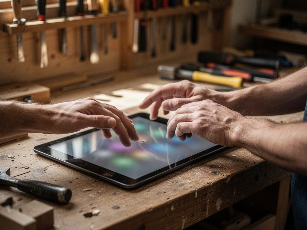 artisan qui remplit sa fiche Google entreprise sur une tablette dans son atelier